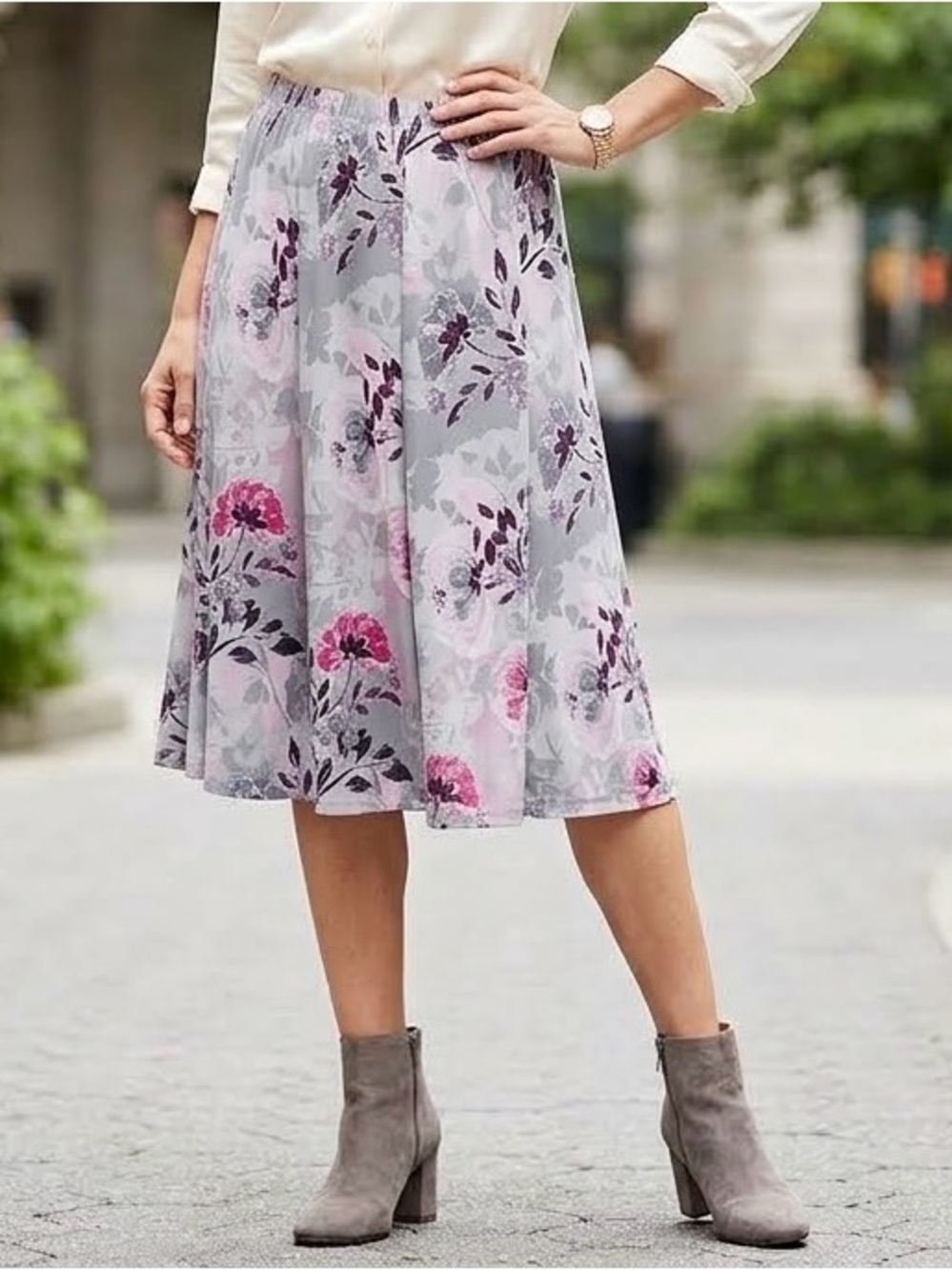 NEW Size L PETITE Allison Daley Grey Pink Floral Print Stretch A-Line Skirt